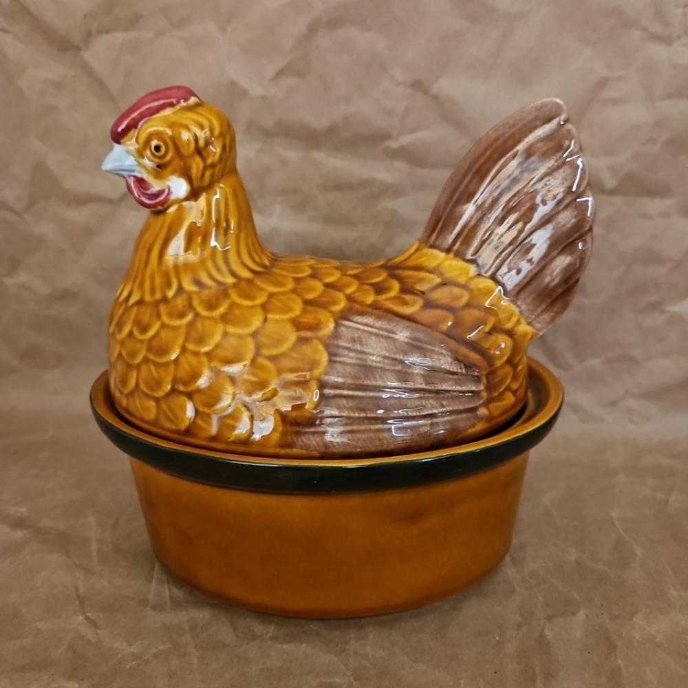 VTG Rooster Chicken Hen Farm Majolica Tureen Pate Dish Made In Portugal Ceramic